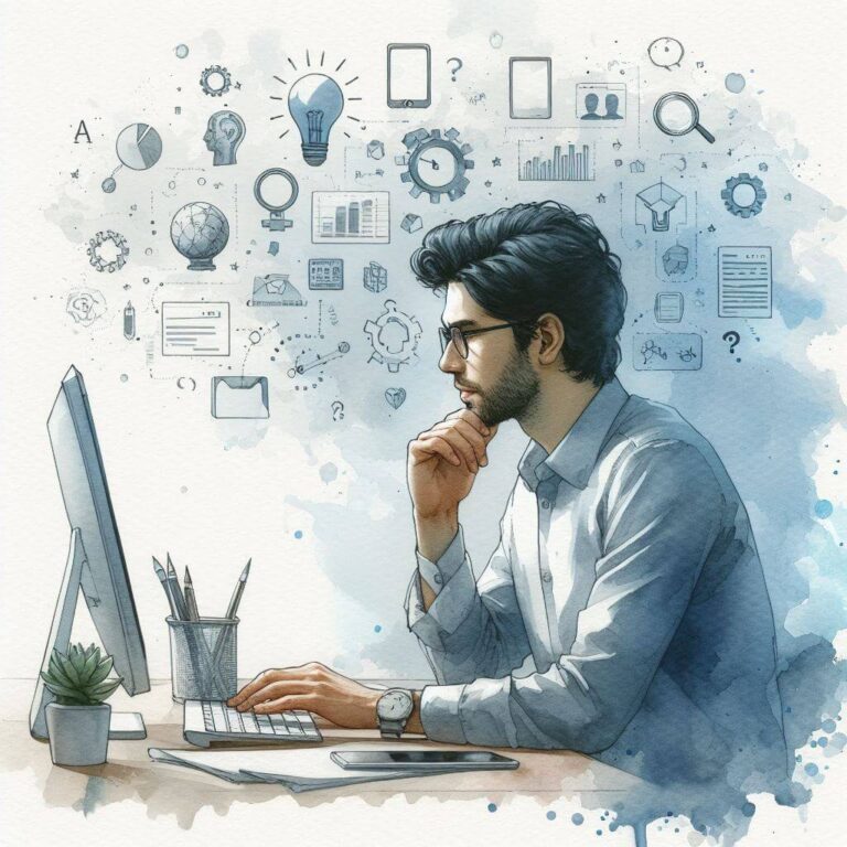 Man sitting in front of computer, his thoughts materializing above his head.
