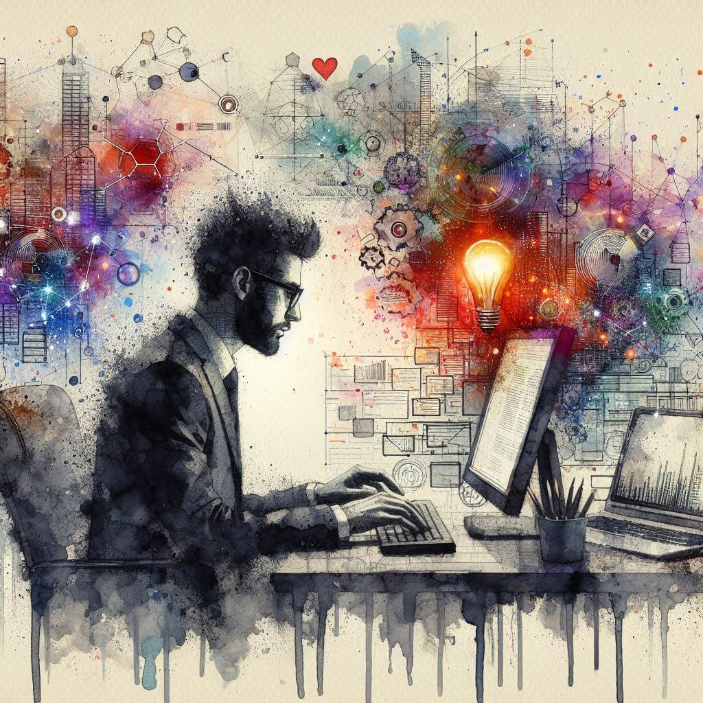 Man sitting in front of a computer with a metaphorical lightbulb above it.