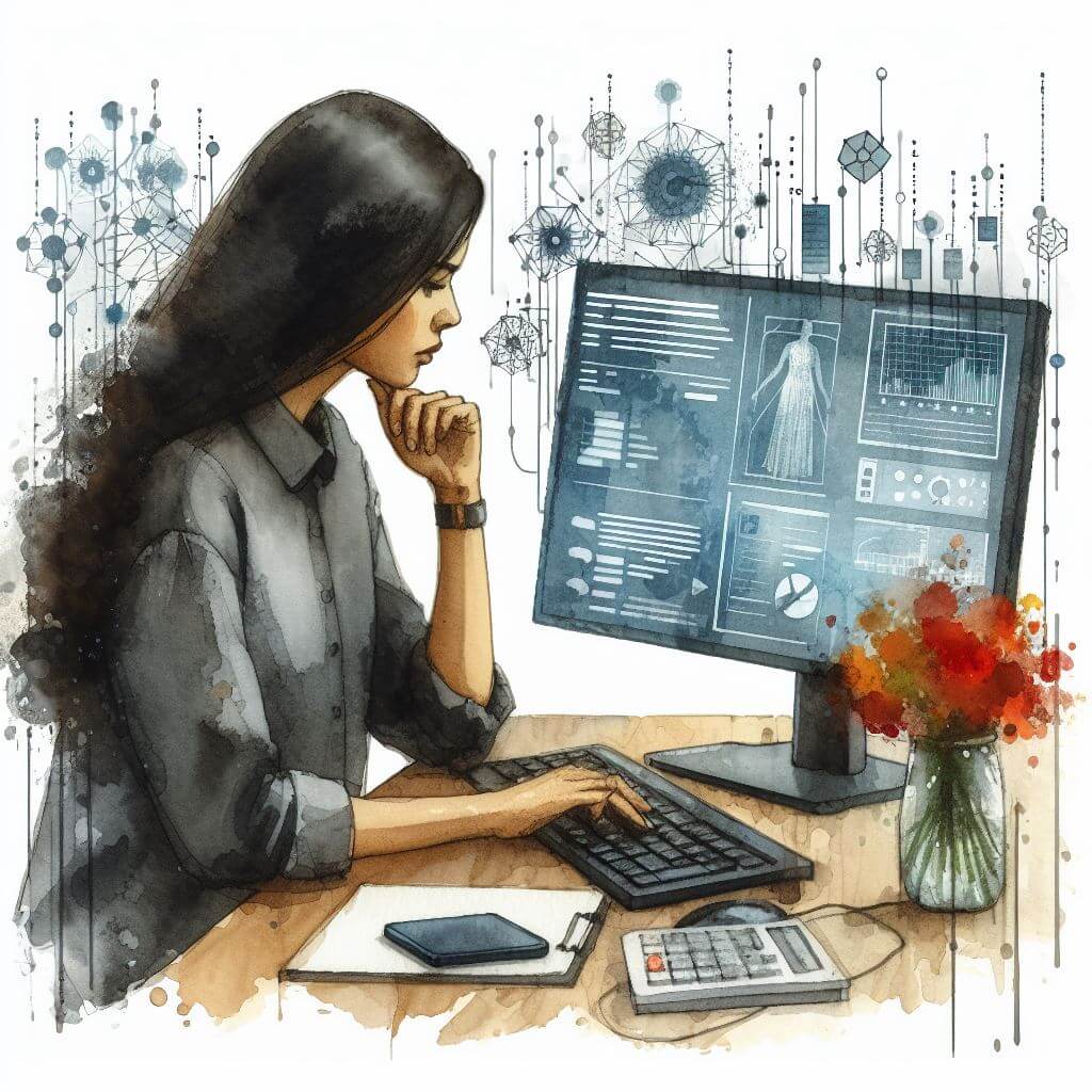 Woman sitting in deep thought in front of a computer.
