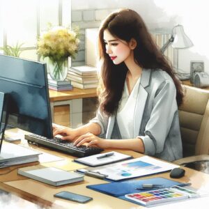 Asian woman working at a desk, in front of a computer.