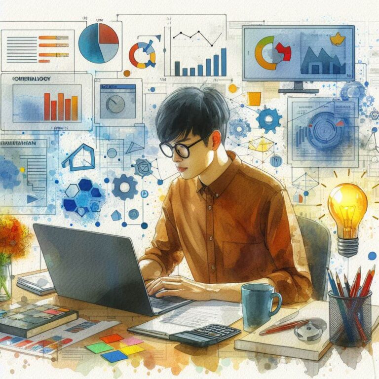 Asian man working on a laptop with graphs all around him and a lightbulb going off