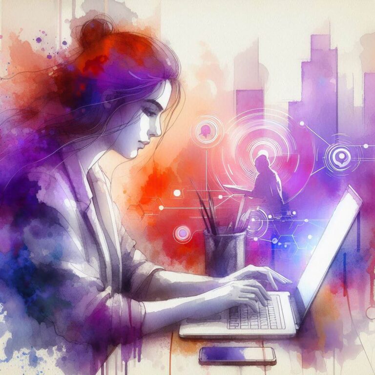Watercolor image of a woman working at a laptop.