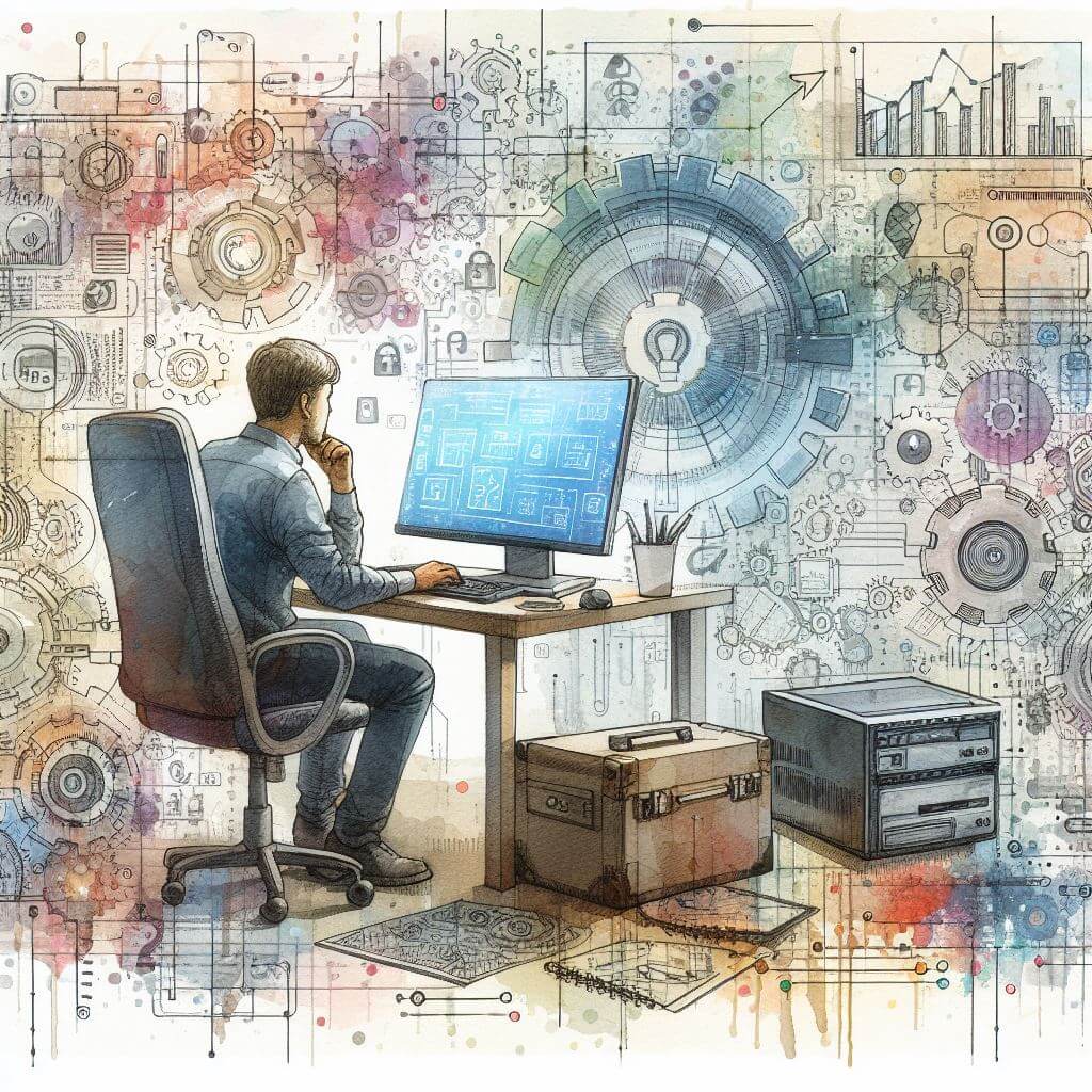 Man working at a computer.