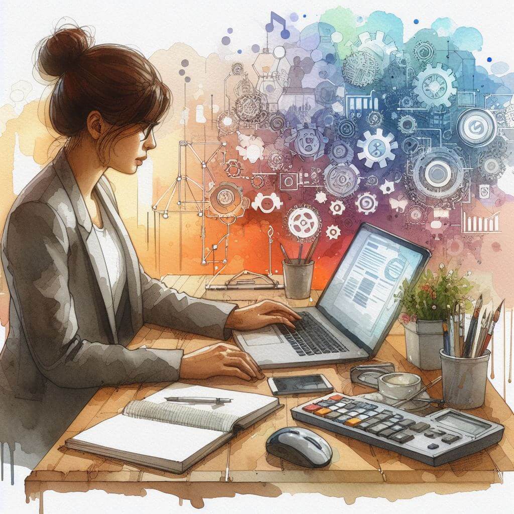 Woman sitting at a desk, working with a laptop.