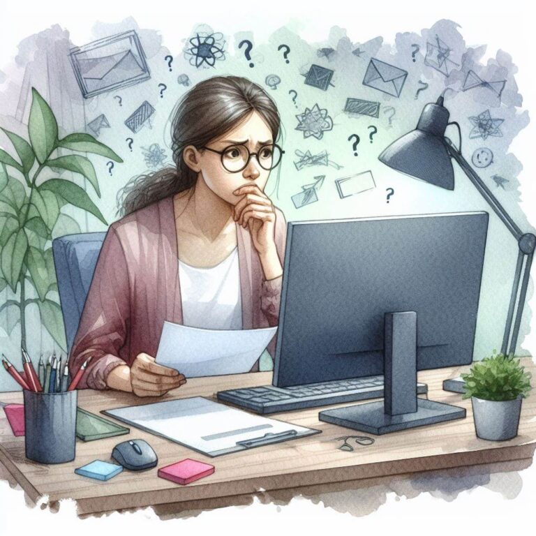 Woman sitting in front of a computer, looking concerned.