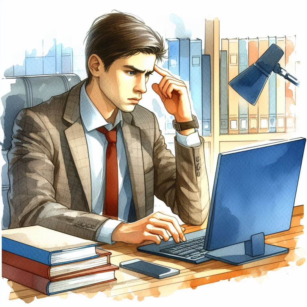 Concerned looking man sitting in front of a computer.