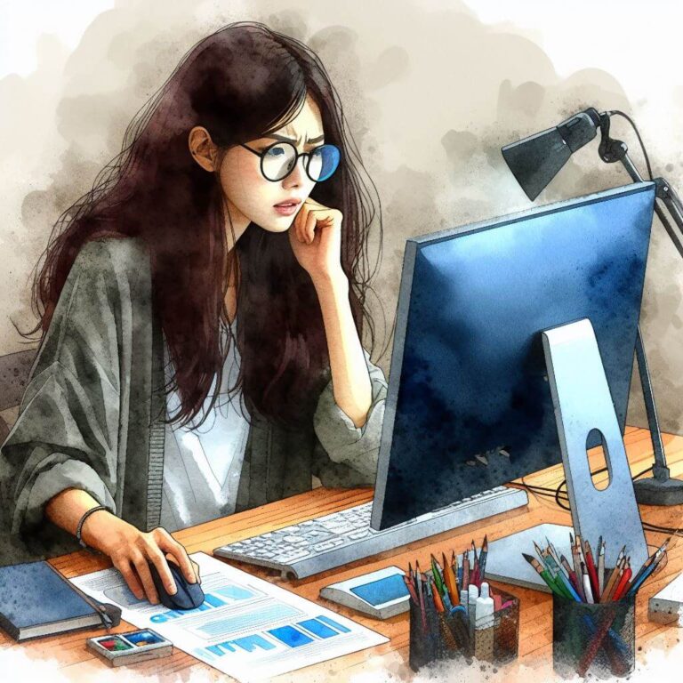 Woman sitting in front of a computer, looking concerned.