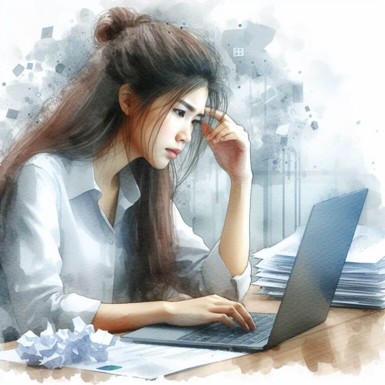 Concerned looking woman sitting in front of a laptop.