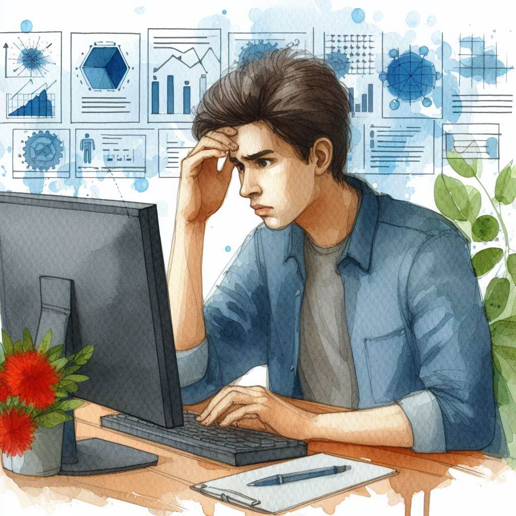 Distraught looking man in front of a computer.