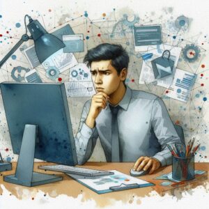 Concerned looking man in front of a computer.