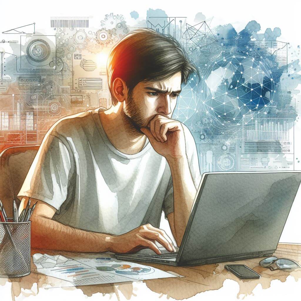 Man in deep thought in front of a laptop.