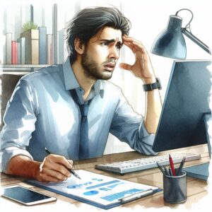 Distraught looking man in front of a computer.