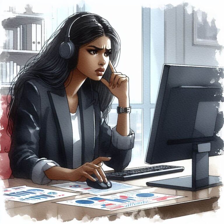 Woman sitting in front of a computer.