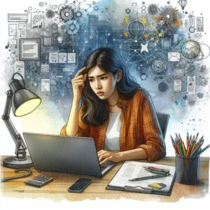 Concerned looking woman sitting in front of a laptop.