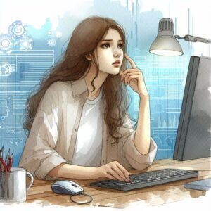 A woman sitting in front of a computer, looking confused.