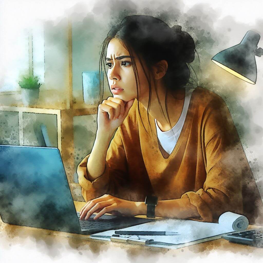 Woman in front of a laptop, looking concerned.