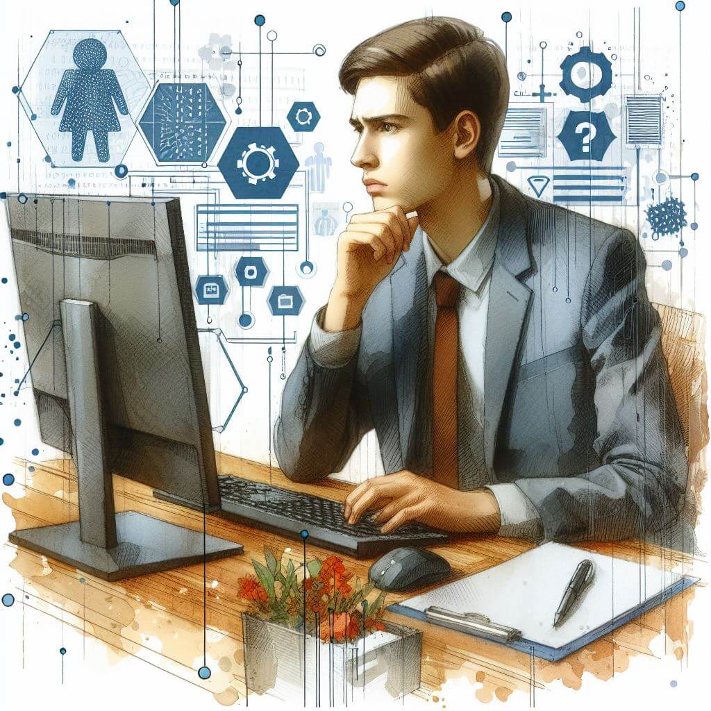 A man in front of a computer, pondering something.