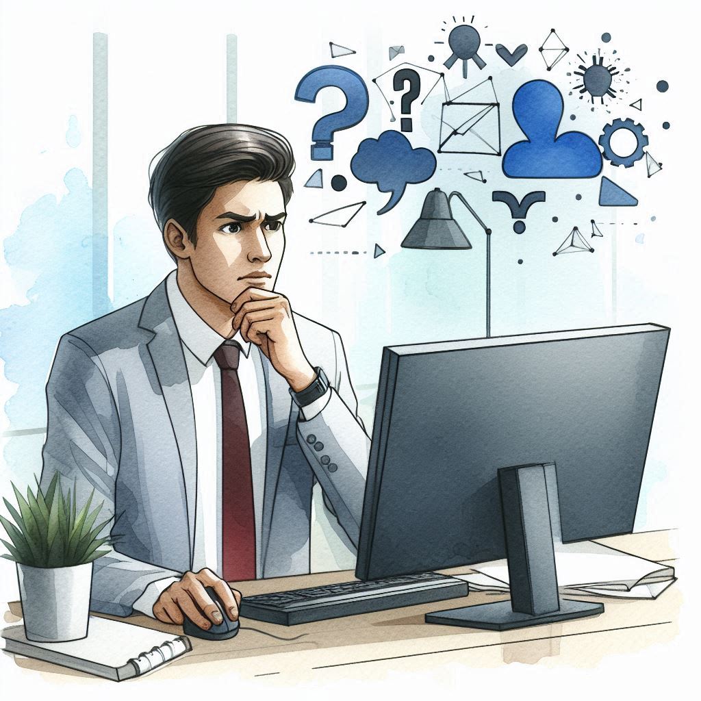 Watercolor of a man looking like he's thinking about a problem, in front of a computer.