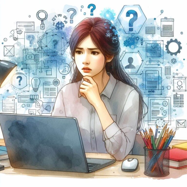 Watercolor of a woman looking confused, in front of a computer.