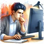 Watercolor of a man in deep thought, in front of a computer.