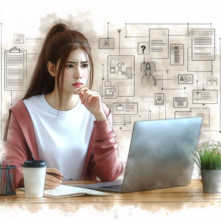 Image of a woman in deep thought, in front of a laptop.