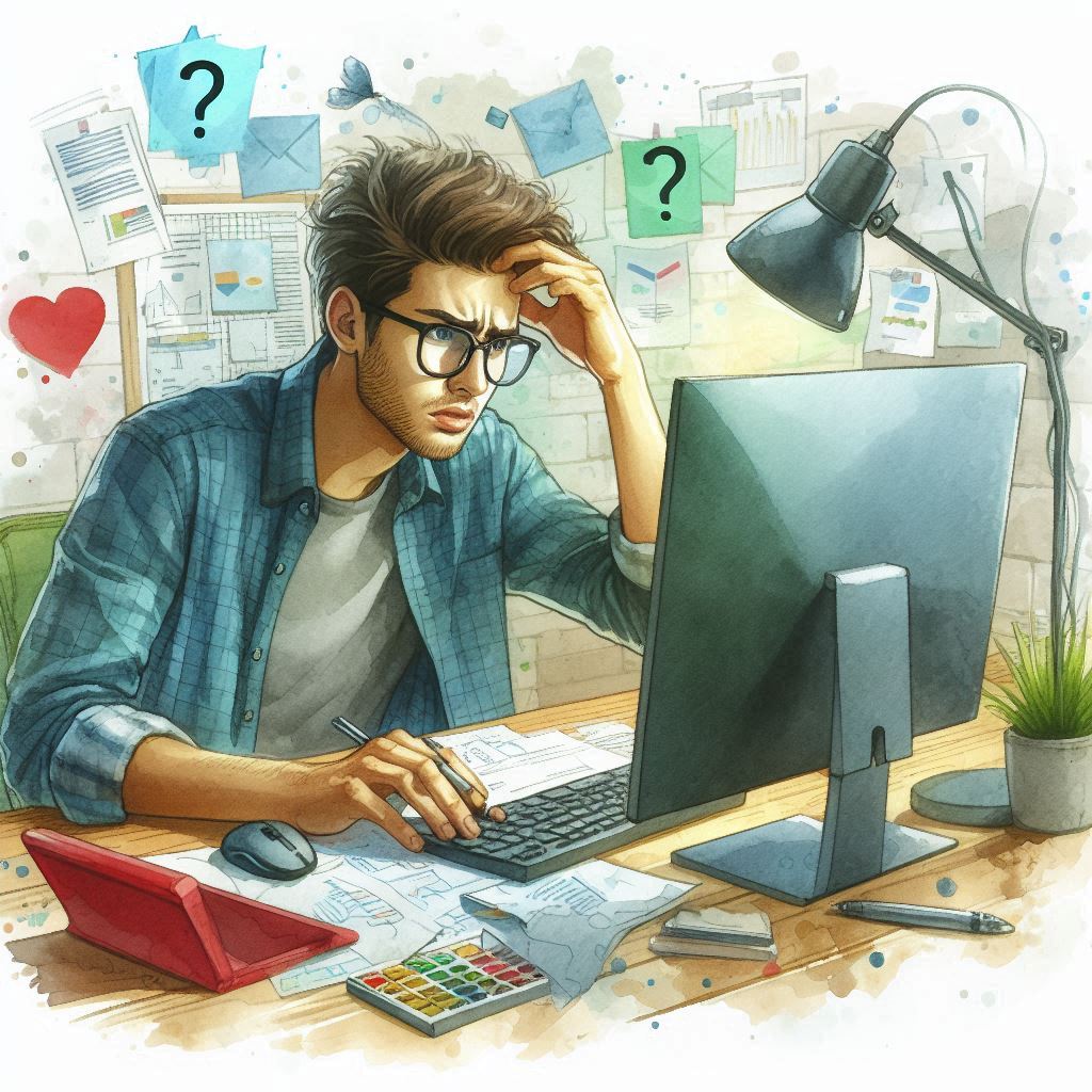 Man in front of a computer, looking uncertain. In watercolor.